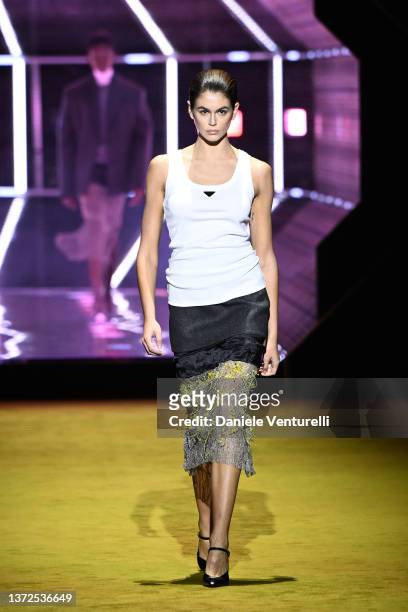 Kaia Gerber walks the runway at the Prada fashion show during the Milan Fashion Week Fall/Winter 2022/2023 on February 24, 2022 in Milan, Italy.