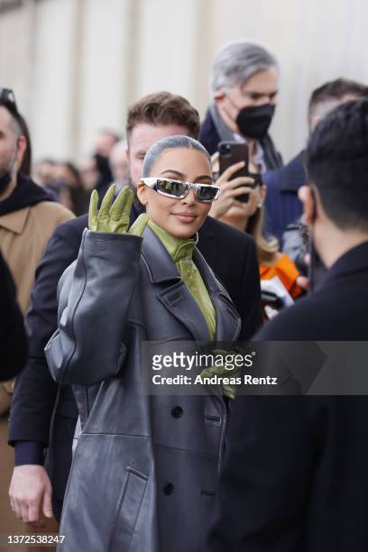 Kim Kardashian is seen arriving at the Prada fashion show during the Milan Fashion Week Fall/Winter 2022/2023 on February 24, 2022 in Milan, Italy.