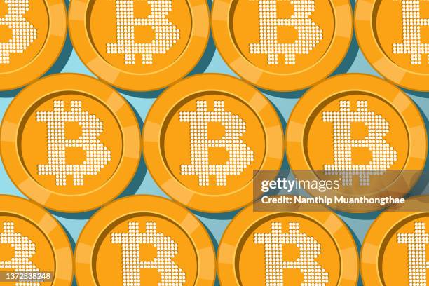 the bitcoin symbol illustration concept shows the golden color cryptocurrency coins put on the blue color background with the shade of shadow for creating the growth of the digital currency. - bitcoin symbol stockfoto's en -beelden