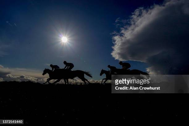 General view of racing during The Bet At racingtv.com Handicap Hurdle at Huntingdon Racecourse on February 24, 2022 in Huntingdon, England.
