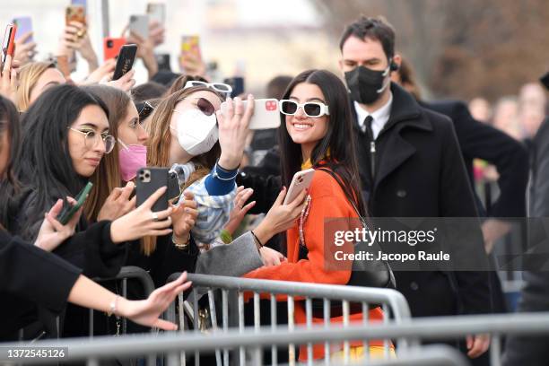 Charli D'Amelio is seen arriving at the Prada fashion show during the Milan Fashion Week Fall/Winter 2022/2023 on February 24, 2022 in Milan, Italy.