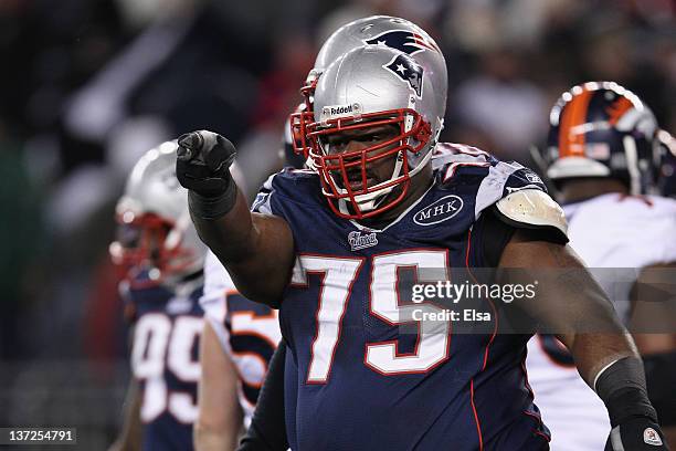 Vince Wilfork of the New England Patriots reacts against the Denver Broncos during their AFC Divisional Playoff Game at Gillette Stadium on January...