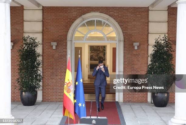 The President of the Government, Pedro Sanchez, on his arrival to make an institutional statement on the situation in Ukraine from La Moncloa Palace,...