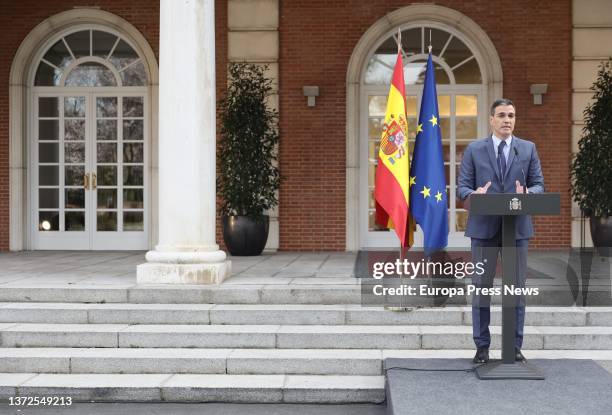 The President of the Government, Pedro Sanchez, makes an institutional statement on the situation in Ukraine from La Moncloa Palace, on 24 February,...