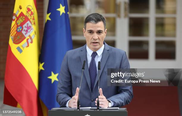 The President of the Government, Pedro Sanchez, makes an institutional statement on the situation in Ukraine from La Moncloa Palace, on 24 February,...