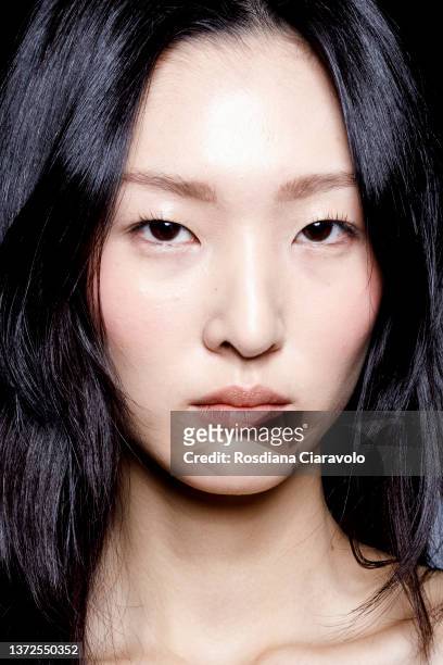 Model poses backstage of the Genny fashion show during the Milan Fashion Week Fall/Winter 2022/2023 on February 24, 2022 in Milan, Italy.