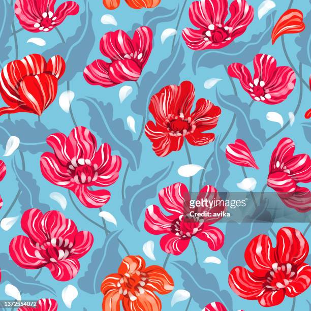 stockillustraties, clipart, cartoons en iconen met graceful scarlet poppies on blue, floral digital 
seamless pattern, background illustration - oriental poppy