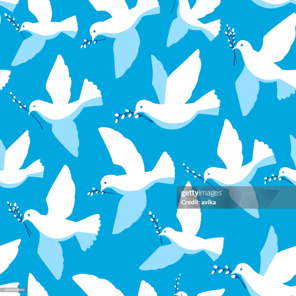 No War! digital seamless pattern with doves with willow branches, peace protection background illustration