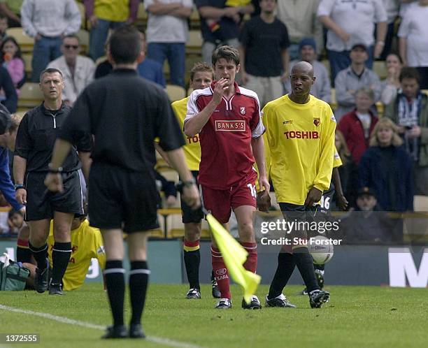 Danny Sonner of Walsall, walks off after being sent off, during the Nationwide Division One game between Watford and Walsall, played at Vicarage Road...