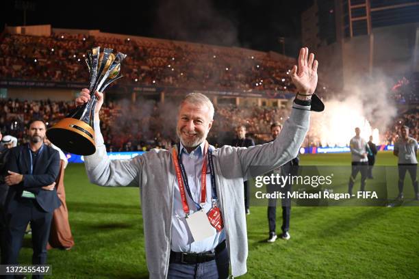 Roman Abramovich, Owner of Chelsea celebrates with The FIFA Club World Cup trophy following their side's victory during the FIFA Club World Cup UAE...