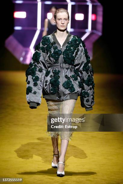 Model walks the runway at the Prada fashion show during the Milan Fashion Week Fall/Winter 2022/2023 on February 24, 2022 in Milan, Italy.