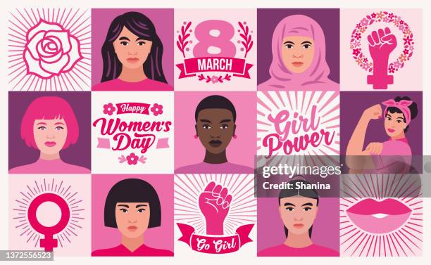 ilustraciones, imágenes clip art, dibujos animados e iconos de stock de diseño del día internacional de la mujer - color rosa - derechos de la mujer