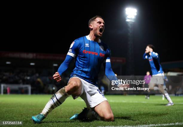 James Ball of Rochdale celebrates after scoring their side's first goal during the Sky Bet League Two match between Rochdale and Port Vale at Crown...