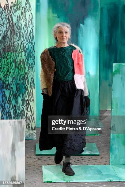 Benedetta Barzini walks the runway at the Daniela Gregis fashion show during the Milan Fashion Week Fall/Winter 2022/2023 on February 24, 2022 in...