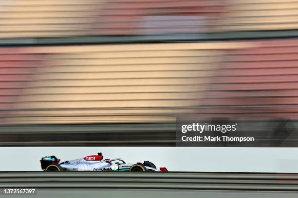 George Russell of Great Britain driving the Mercedes AMG Petronas F1 Team W13 during Day Two of F1 Testing at Circuit de Barcelona-Catalunya on...