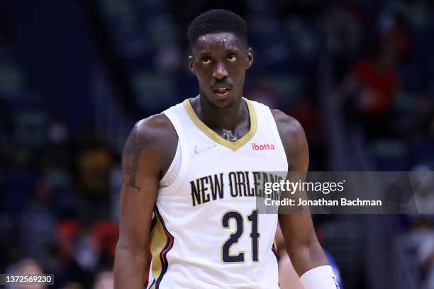 Tony Snell of the halftime reacts against the Dallas Mavericks during a game at the Smoothie King Center on February 17, 2022 in New Orleans,...