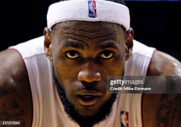 LeBron James of the Miami Heat looks on during a game against the San Antonio Spurs at American Airlines Arena on January 17, 2012 in Miami, Florida....