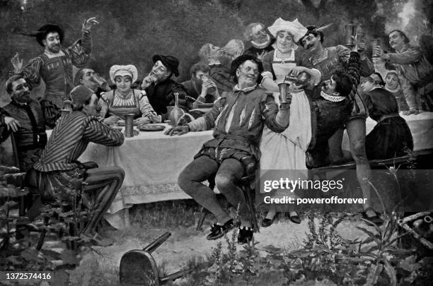 a jovial bout/repas champêtre (country meal), painting by jules arsene garnier - 19th century - renaissance stock illustrations