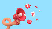 3d cartoon hand holding loudspeaker vector illustration. Customer attraction. Social media marketing.