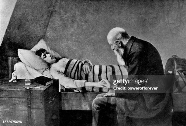 ilustraciones, imágenes clip art, dibujos animados e iconos de stock de la cama enferma, pintura de heinrich lessing - siglo 19 - visita