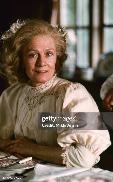 Portrait of English actress Vanessa Redgrave , seated at a dining table in Peppard Cottage, during the filming of 'Howard's End' , Rotherfield...