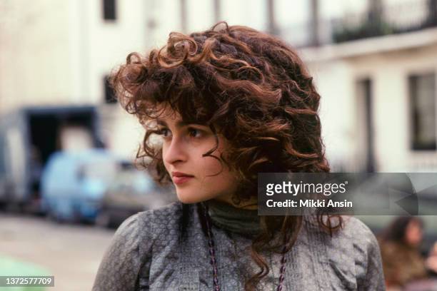 View of English actress Helena Bonham Carter in Victoria Square, during the filming of 'Howards End' , London, England, June 1991.