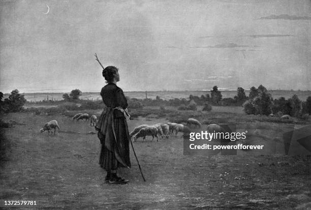 twilight, painting by jean laronze - 19th century - shepherd stock illustrations