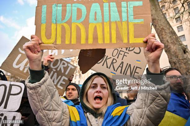 Ukrainians demonstrate outside Downing Street against the recent invasion of Ukraine on February 24, 2022 in London, England. Overnight, Russia began...