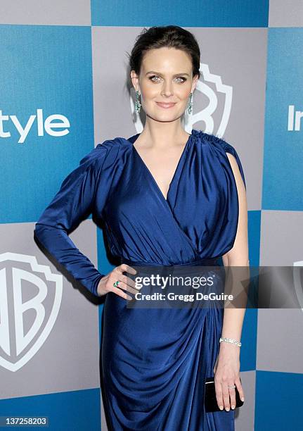 Actress Emily Deschanel arrives at 13th Annual Warner Bros. And InStyle Golden Globe After Party at The Beverly Hilton hotel on January 15, 2012 in...