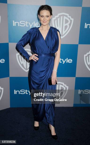 Actress Emily Deschanel arrives at 13th Annual Warner Bros. And InStyle Golden Globe After Party at The Beverly Hilton hotel on January 15, 2012 in...