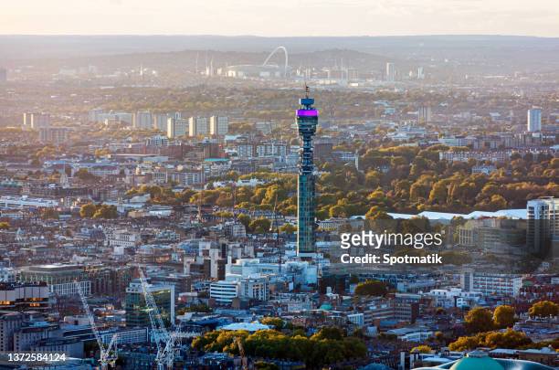 aerial london view of the post office tower - bt tower stock-fotos und bilder