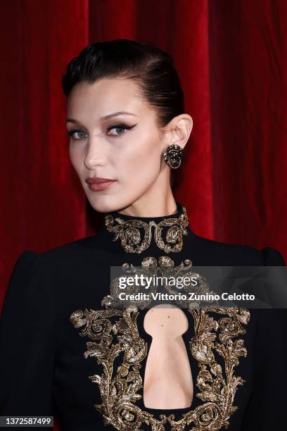 Bella Hadid poses backstage of the Moschino fashion show during the Milan Fashion Week Fall/Winter 2022/2023 on February 24, 2022 in Milan, Italy.