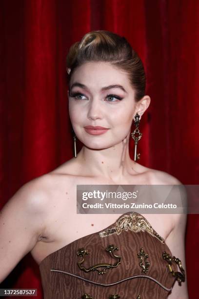 Gigi Hadid poses backstage of the Moschino fashion show during the Milan Fashion Week Fall/Winter 2022/2023 on February 24, 2022 in Milan, Italy.