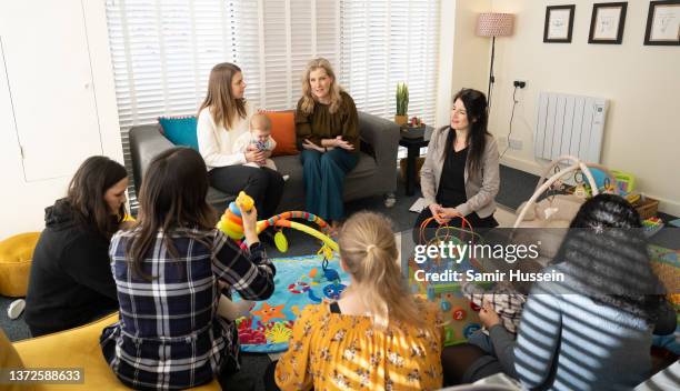 Sophie, Countess of Wessex meets local new mothers and their babies as she opens the new Jigsaw Hub at The Lighthouse on February 24, 2022 in Woking,...