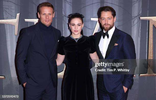 Sam Heughan, Sophie Skelton and Richard Rankin attend the "Outlander" Season Six Premiere at The Royal Festival Hall on February 24, 2022 in London,...