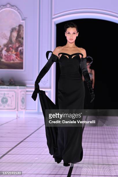 Bella Hadid walks the runway at the Moschino fashion show during the Milan Fashion Week Fall/Winter 2022/2023 on February 24, 2022 in Milan, Italy.