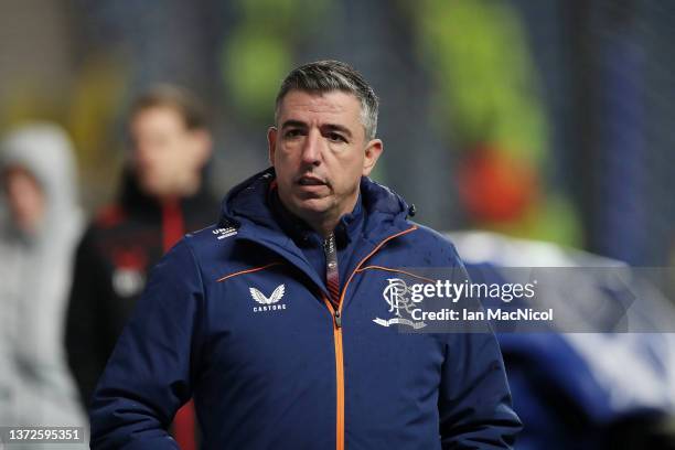Rangers assistant manager Roy Makaay arrives before the UEFA Europa League Knockout Round Play-Offs Leg Two match between Rangers FC and Borussia...