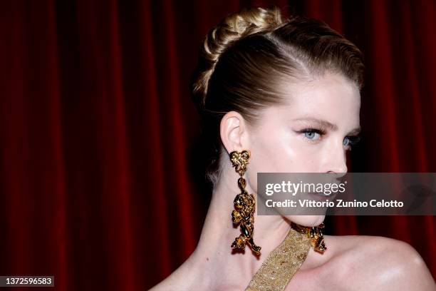 Abby Champion poses backstage of the Moschino fashion show during the Milan Fashion Week Fall/Winter 2022/2023 on February 24, 2022 in Milan, Italy.