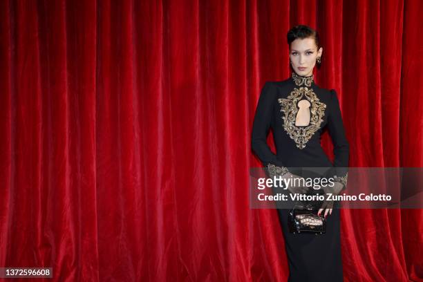 Bella Hadid poses backstage of the Moschino fashion show during the Milan Fashion Week Fall/Winter 2022/2023 on February 24, 2022 in Milan, Italy.