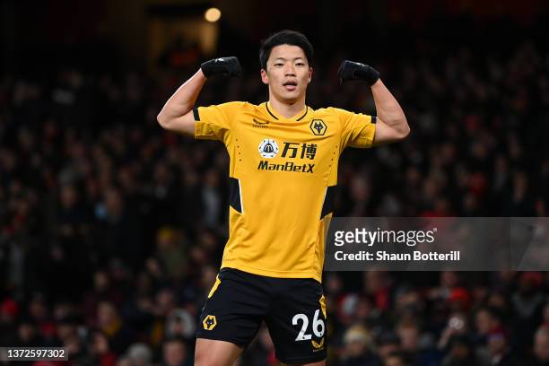 Hwang Hee-chan of Wolverhampton Wanderers celebrates their sides first goal during the Premier League match between Arsenal and Wolverhampton...