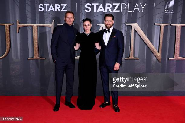 Sam Heughan, Sophie Skelton and Richard Rankin attend the "Outlander" Season six premiere at The Royal Festival Hall on February 24, 2022 in London,...