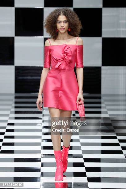 Model walks the runway at the Emporio Armani fashion show during the Milan Fashion Week Fall/Winter 2022/2023 on February 24, 2022 in Milan, Italy.