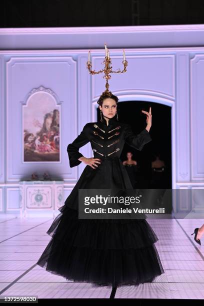 Model walks the runway at the Moschino fashion show during the Milan Fashion Week Fall/Winter 2022/2023 on February 24, 2022 in Milan, Italy.