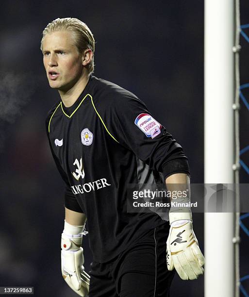 Kasper Schmeichel of Leicester City during the FA Cup 3rd round replay between Leicester City and Nottingham Forest at The King Power Stadium on...