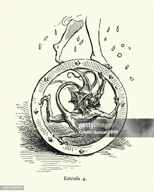teufel, dämon im glücksrad, mittelalterliche ritterromanze - glücksrad stock-grafiken, -clipart, -cartoons und -symbole