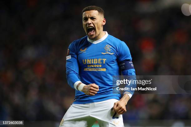 James Tavernier of Rangers celebrates scoring to make it 1-0 during the UEFA Europa League Knockout Round Play-Offs Leg Two match between Rangers FC...