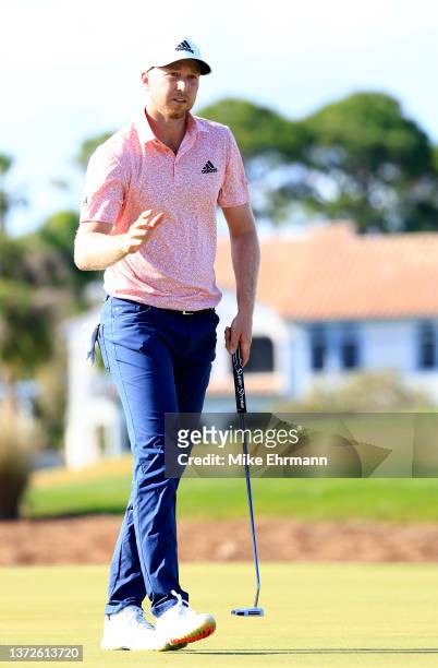 Daniel Berger reacts to his putt on the 11th hole during the first round of The Honda Classic at PGA National Resort And Spa on February 24, 2022 in...