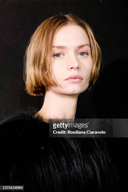 Model poses backstage of the Annakiki fashion show during the Milan Fashion Week Fall/Winter 2022/2023 on February 24, 2022 in Milan, Italy.
