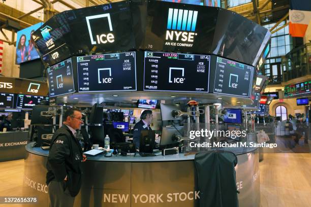 Traders work on the floor of the New York Stock Exchange on February 24, 2022 in New York City. U.S. Stocks rallied before the closing bell after a...