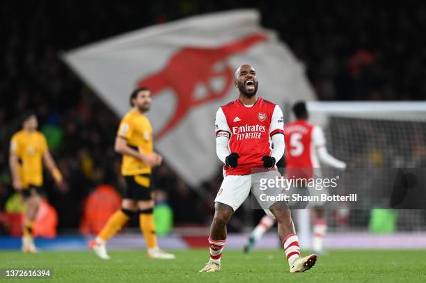 Alexandre Lacazette of Arsenal celebrates following the Premier League match between Arsenal and Wolverhampton Wanderers at Emirates Stadium on...